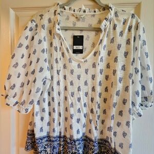 NWT- Lucky Brand White and Blue Patterned Blouse